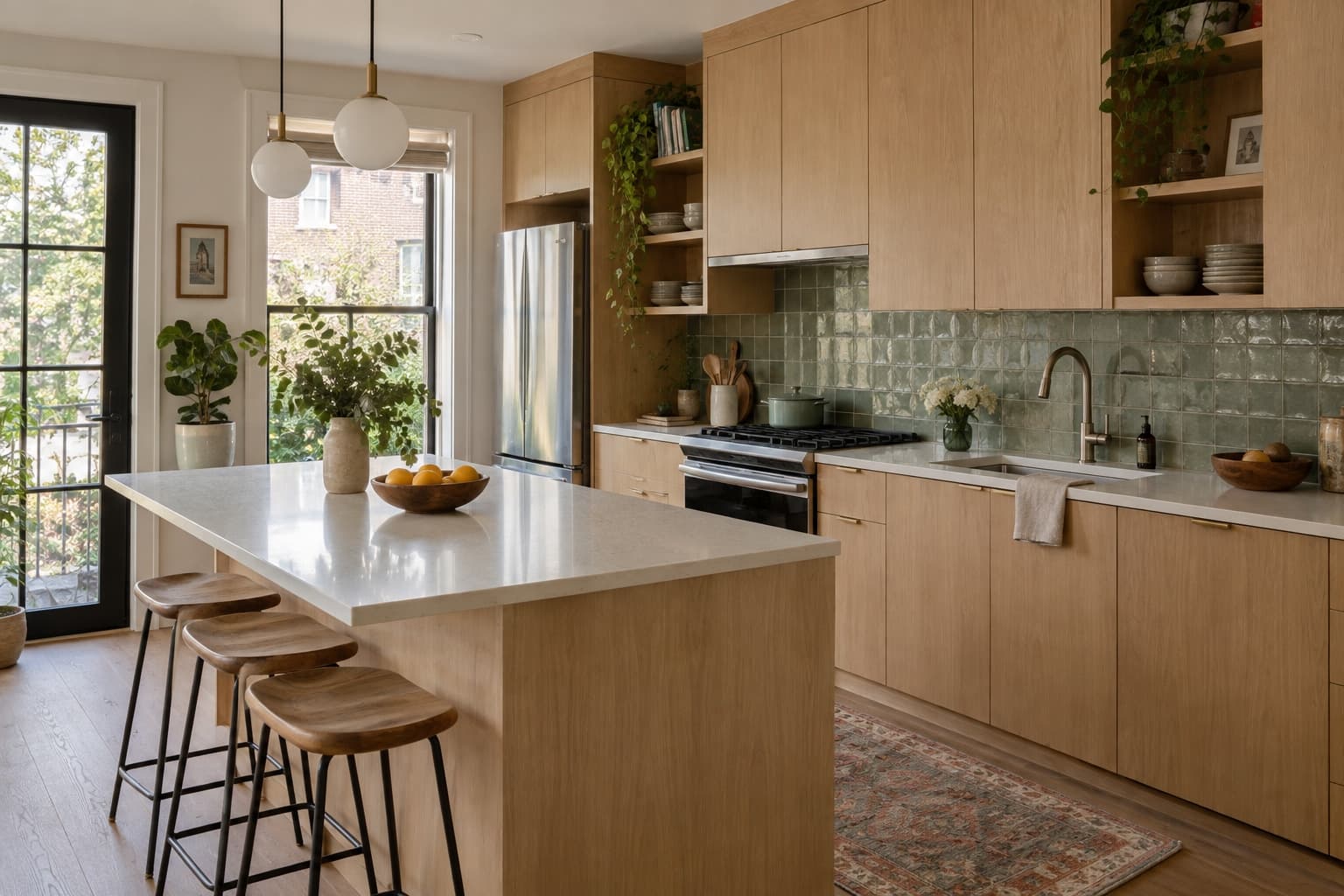 A warm oak kitchen with green tile, inspiration for your plan